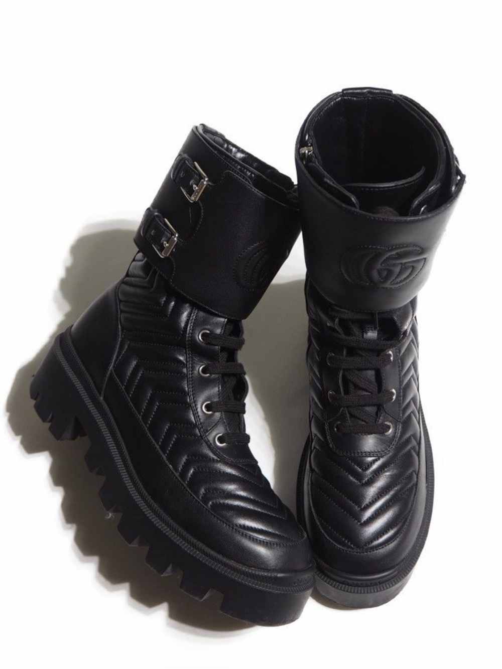 Gucci Frances GG Matelassé Platform Combat Boot Black Leather 39